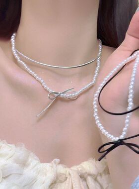 皮质蝴蝶结珍珠项链女夏甜酷风小众设计感颈链双层叠戴独特锁骨链