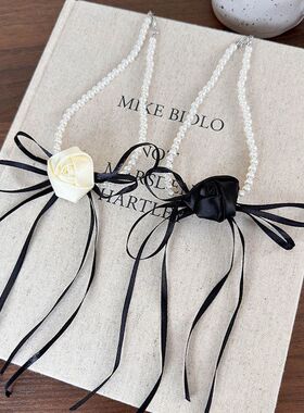 法式飘带蝴蝶结山茶花朵珍珠项链女choker颈链锁骨链气质配饰品