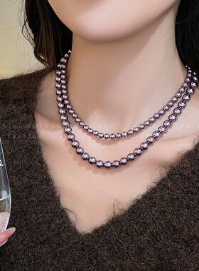 乌梅紫玻璃珍珠项链小众法式轻奢个性独特高级感锁骨链毛衣链饰品