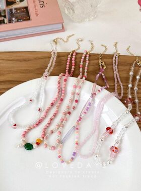2026春夏甜酷风粉色系叠戴彩色串珠项链女小众设计感锁骨链颈链