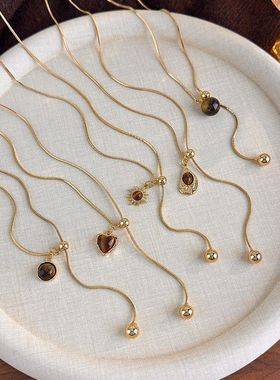 秋冬复古美拉德色系虎眼石可抽拉项链轻奢小众时尚衣服搭配配饰女