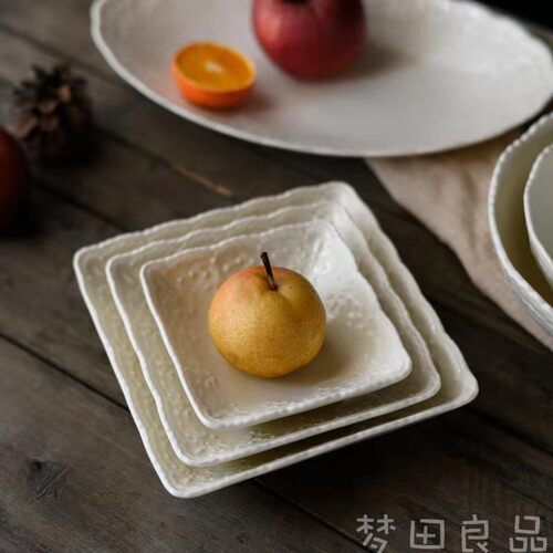 【梦田良品】出口欧洲复古浮雕奶白色陶瓷餐具小碗/方碟/椭圆盘 - 图1