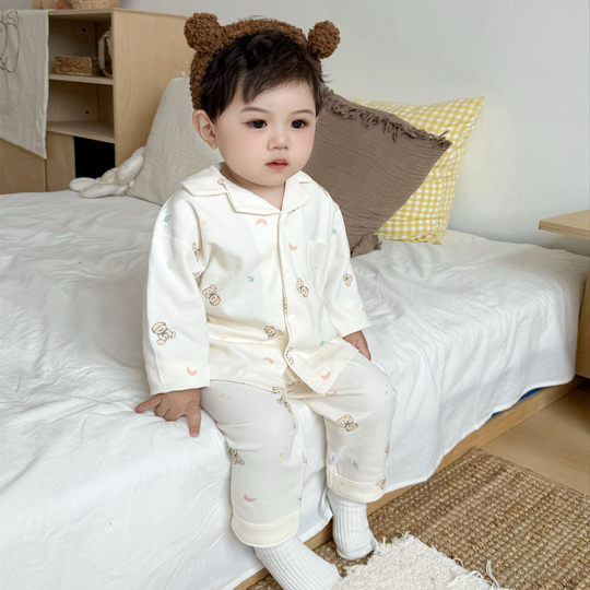 A类男童女童纯棉宝宝翻领家居服套装儿童四季款无骨睡衣分体套装