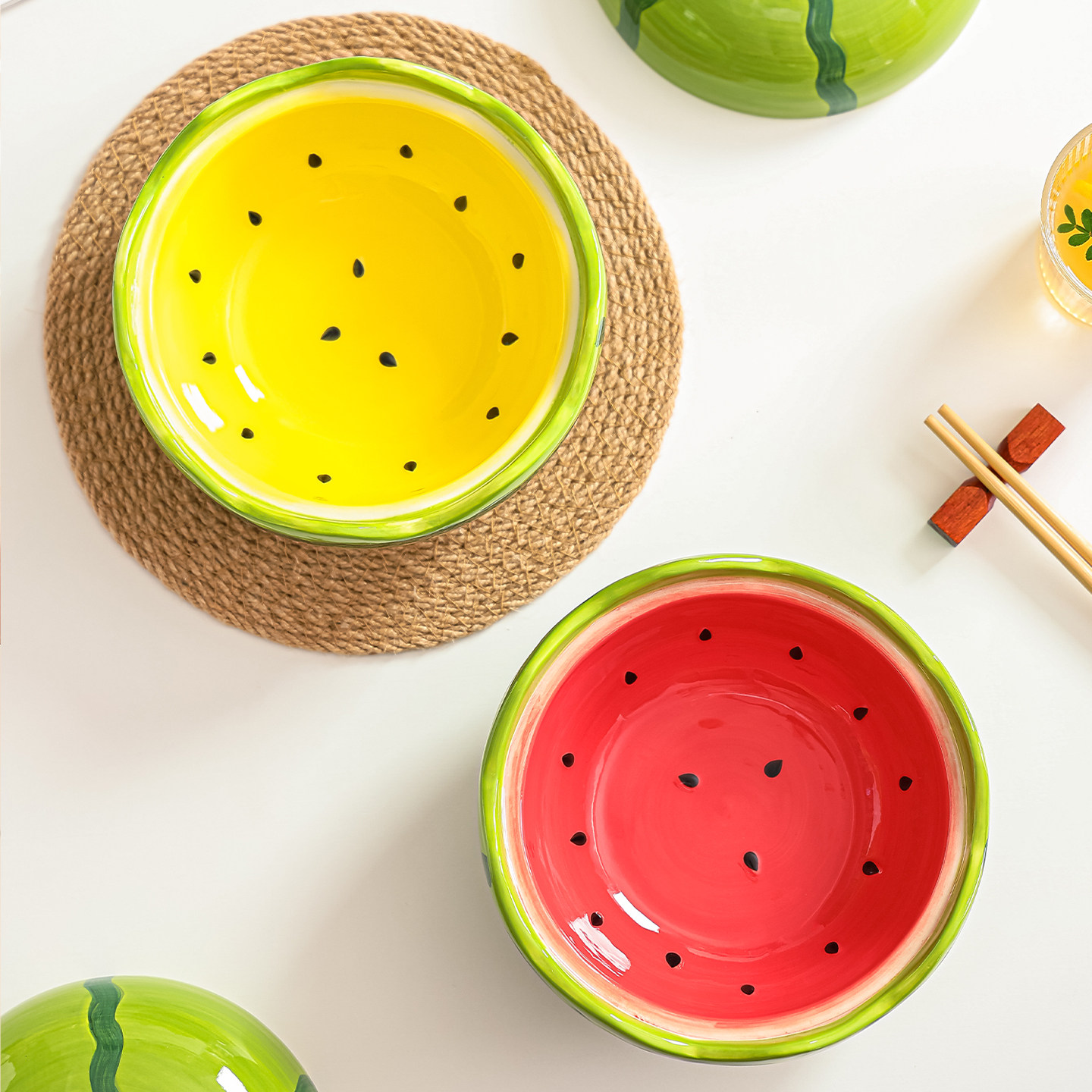 陶瓷西瓜碗带盖泡面碗可爱大容量高颜值餐具螺丝粉面碗果叉套装,淘宝优惠券,粉丝福利购,淘宝优惠卷