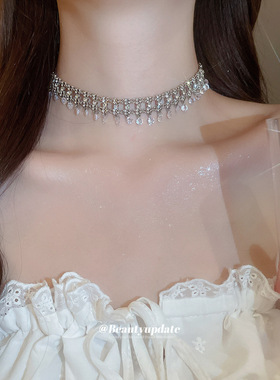 【LiLingLing】镶钻超闪锆石流苏吊坠时尚项链奢华满钻锁骨链精致