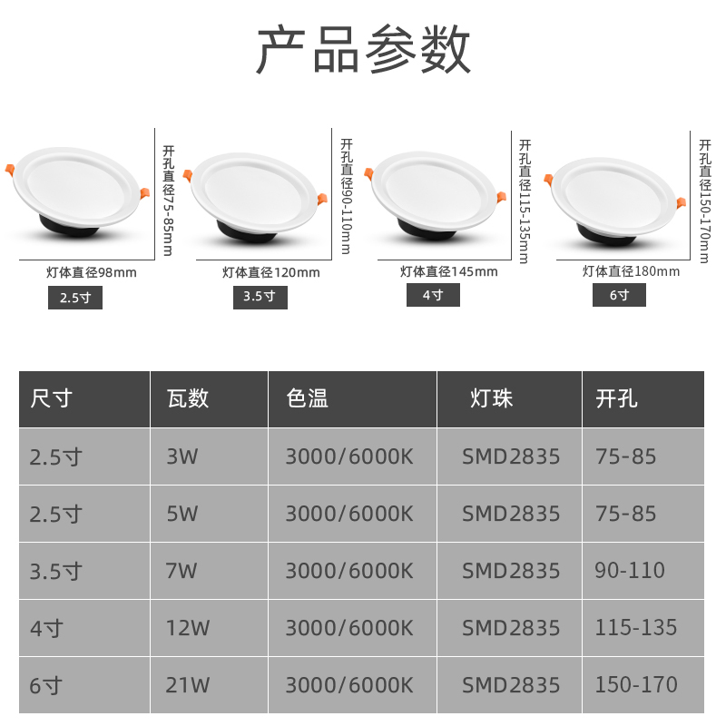 4寸筒灯led灯开孔10 12cm15公分9w18W3.5寸6寸工装孔灯嵌入式商用 - 图3