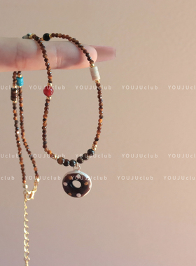 邮橘-咖色甜甜圈～复古美式少女天然石棕色串珠项链毛衣链高级感