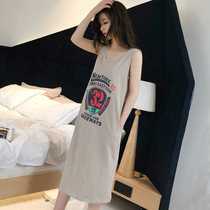 Summer Sexy Pure Cotton Lady Sleepwear Sleeveless Harness Cartoon Cute Mid long sleeping dress All cotton extras Home Home Clothing