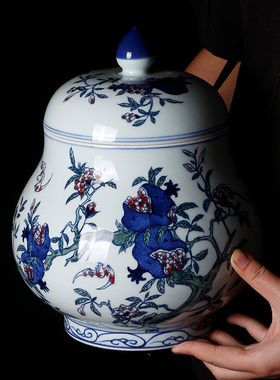 新中式 古典复古 陶瓷罐寿桃纹家居摆件玄关客厅博古架瓷罐景德i.