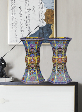 珐琅彩花樽迷你仿古风明清陶瓷器