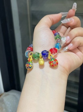 琉璃香灰吞金兽手串镀彩圆珠吞金兽一家三口财运女手链