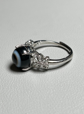 天然玛瑙天眼天珠藏银镶嵌戒指