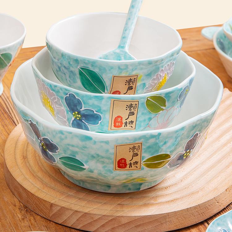 雅之器濑户烧新款陶瓷釉下彩家用餐具盘子花朵盘米饭碗汤碗鱼盘勺 - 图0