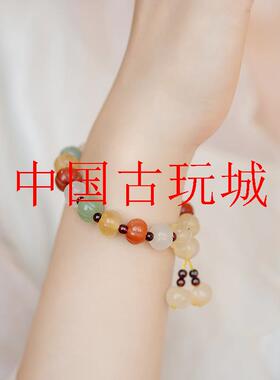 新疆和田玉金丝南瓜彩玉珠串玉石单圈手链精致甜美时尚少女款送礼