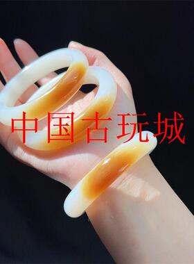 新疆和田玉色且末山料一口糖羊脂白玉手镯冰透糖玉色圆条镯子女款