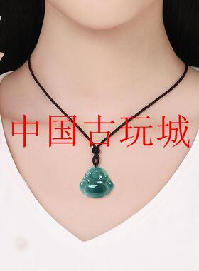 精选老料翡翠色蓝水佛公大肚佛冰糯种玉石项链弥勒佛女款挂饰处理