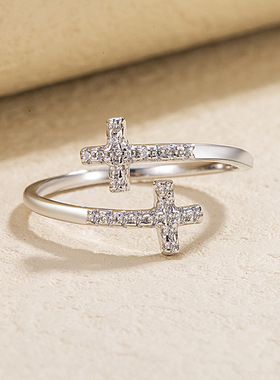 深圳旭佳S999足银微镶锆石十字架戒指女轻奢高级感时尚百搭食指戒