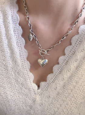s925纯银立体爱心吊坠项链女百搭粗链条OT扣卫衣毛衣链女个性重工