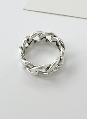 韩代重工S925纯银坦克链条戒指复古中性风男女百搭闭口戒食指环潮