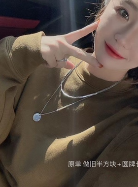 韩国原单s925纯银方块锁骨链女设计感网红同款项链1314圆牌毛衣链