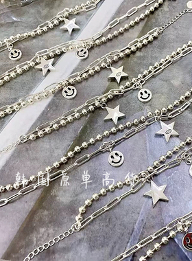 韩国原单s925纯银星星笑脸手链ins文艺百搭双层链条叠戴闺蜜礼物