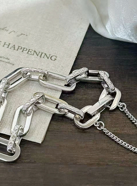 重工S925纯银菱格纹回形针手链