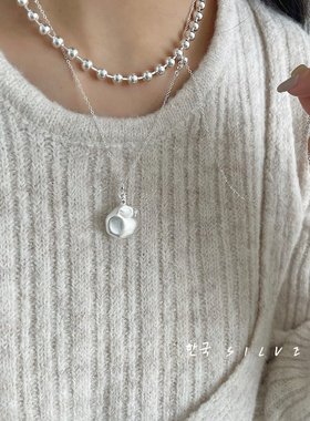 通体S925纯银哑光酒壶项链不规则手工锤纹许愿瓶女长款抽拉毛衣链