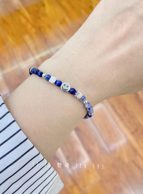 韩代孤品尾货特价 S925纯银笑脸天然蓝晶石手链ins小众设计感百搭