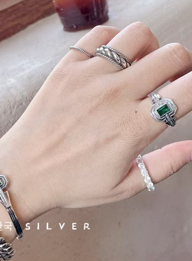 韩代s925纯银绿色锆石戒指ins小众设计复古轻奢绿宝石食指环时尚