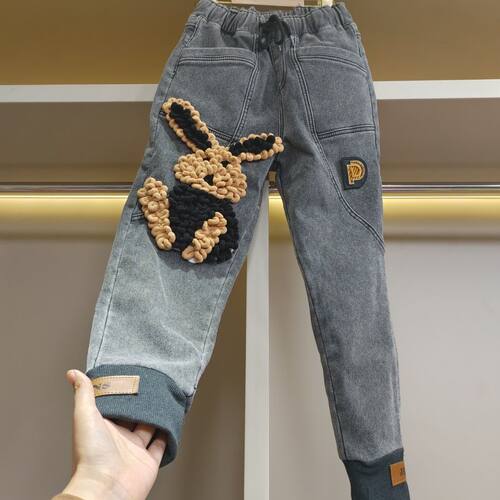 2025新款牛仔裤女秋冬兔子宽松直筒哈伦洋气小脚裤加绒 - 图3