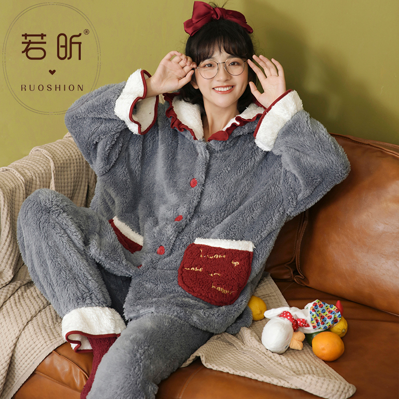 若昕服饰旗舰店情侣珊瑚绒睡衣女秋冬季甜美卡通可爱男加厚法兰绒学生保暖家居服2