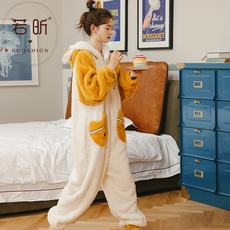 若昕服饰旗舰店珊瑚绒睡衣女春秋冬季连体卡通动漫可爱甜美套装保暖法兰绒家居服1