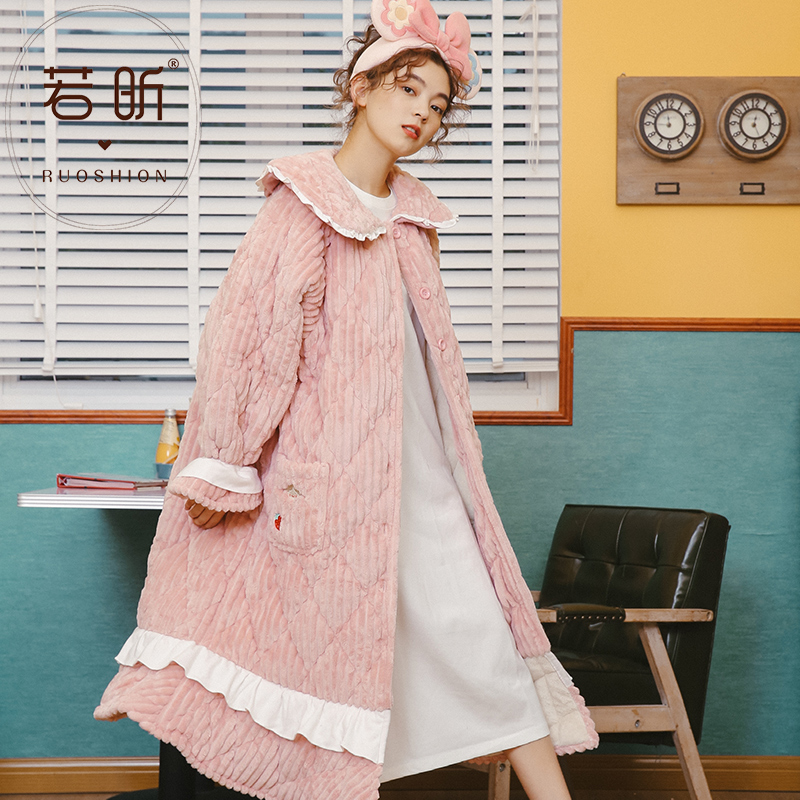 若昕服饰旗舰店珊瑚绒睡衣女秋冬季加长款加厚睡袍三层夹棉法兰绒甜美可爱家居服0