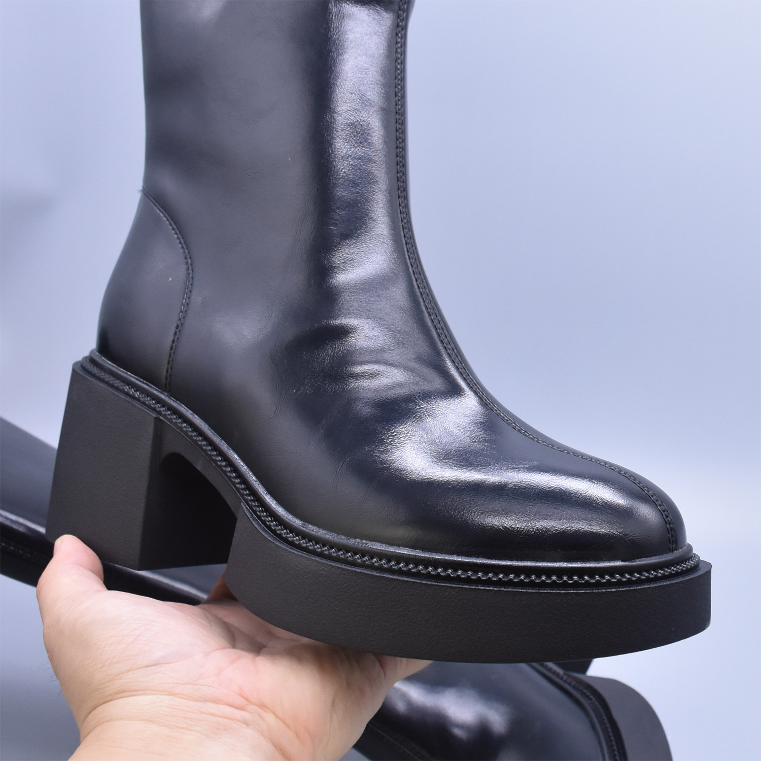 粗跟显腿直V口后拉链加绒高筒靴修脚显瘦及膝骑士靴圆头女靴软底,淘宝优惠券,粉丝福利购,淘宝优惠卷