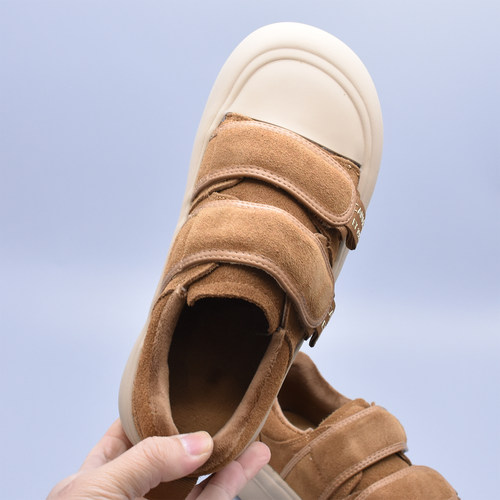 2025秋冬新款欧货魔术贴厚底运动休闲鞋真皮丑萌娃娃头板鞋女加绒 - 图1