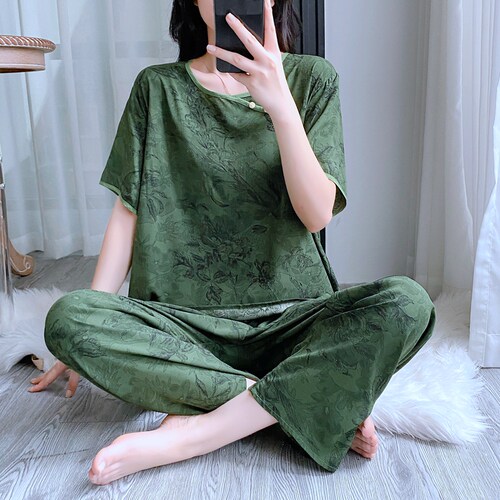 棉绸睡衣女夏季短袖长裤人造棉绵绸新中式薄款宽松气质家居服套装 - 图1
