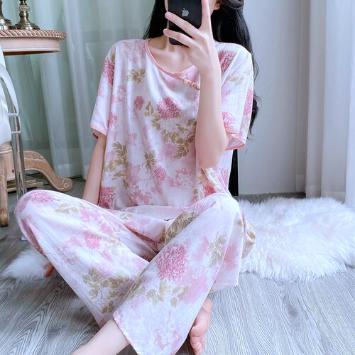 棉绸睡衣女夏季短袖长裤人造棉绵绸新中式薄款宽松气质家居服套装 - 图2