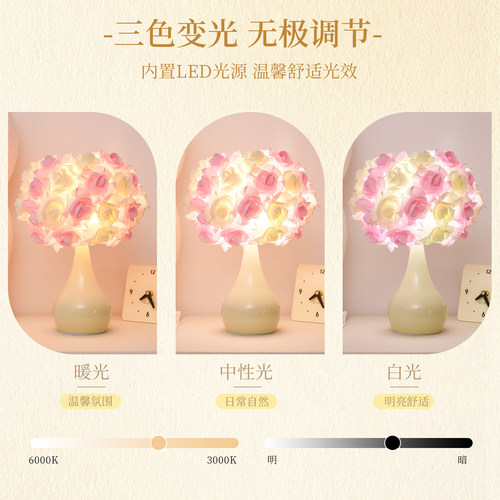 玫瑰花朵台灯卧室床头灯2026新款轻奢高级感长明灯结婚一对氛围灯 - 图3