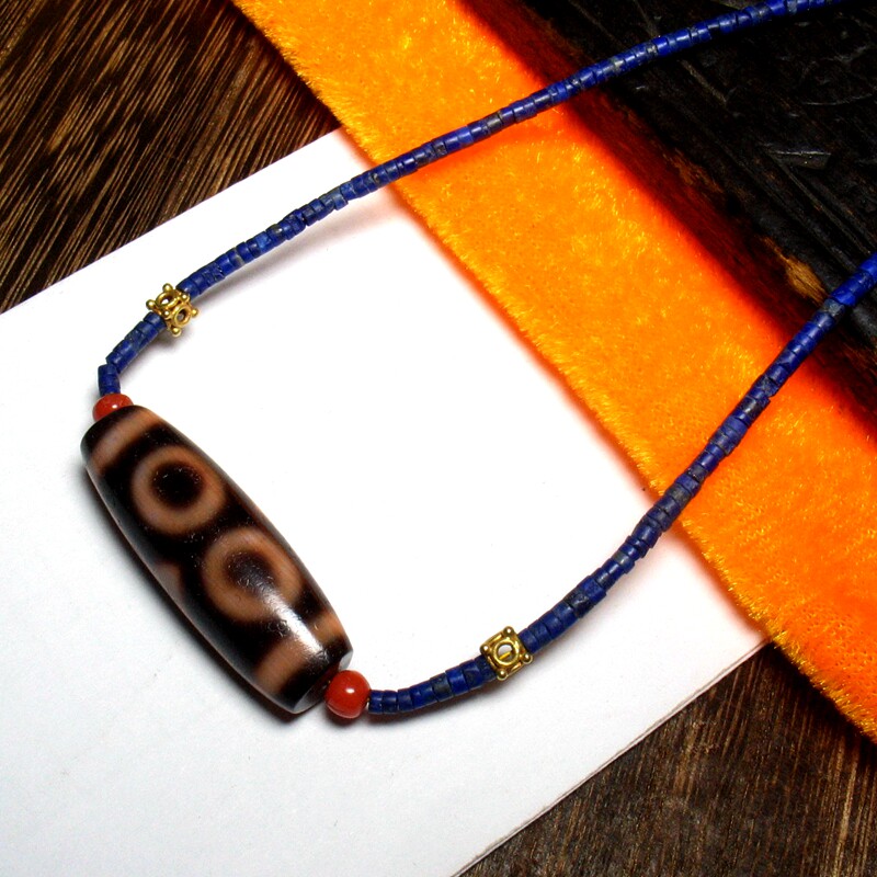 西藏千年传世至纯带老天珠文玩朱砂 古董惠项链