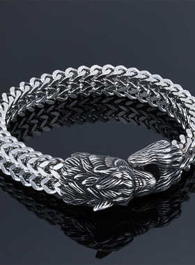 欧美嘻哈复古狼头手链男女个性朋克钛钢霸气潮人男士钛钢手环饰品