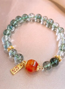 绿幽灵绿发晶红玛瑙手链新中式国潮复古手串小众轻奢招财吊牌