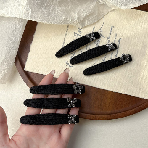 针织毛线黑色秋冬前额刘海一字侧边夹碎发夹子头饰头发卡子女水钻 - 图3