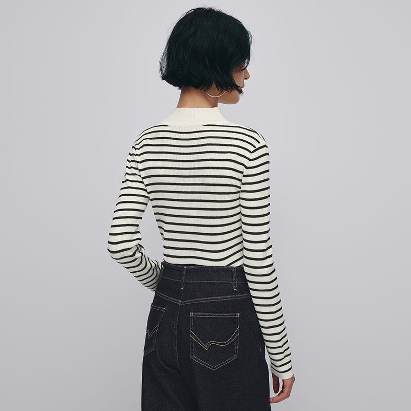 热风女士打底衫毛衣2025年冬季新款半高领打底针织衫修身条纹上衣 - 图0