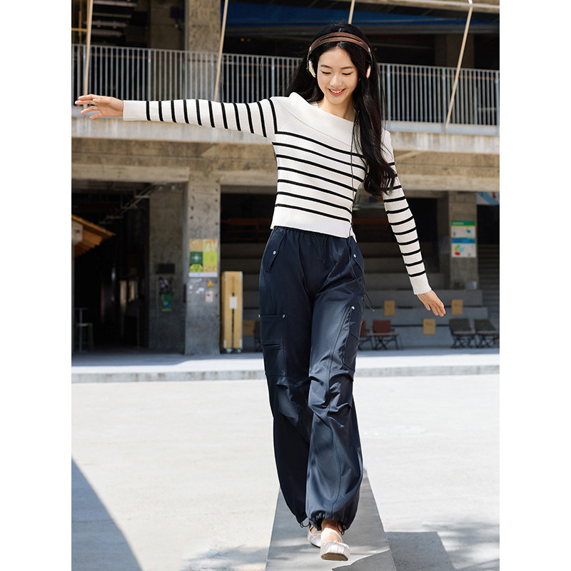 热风女士条纹针织衫2025年秋季新款法式一字肩修身显瘦针织衫上衣,淘宝优惠券,粉丝福利购,淘宝优惠卷