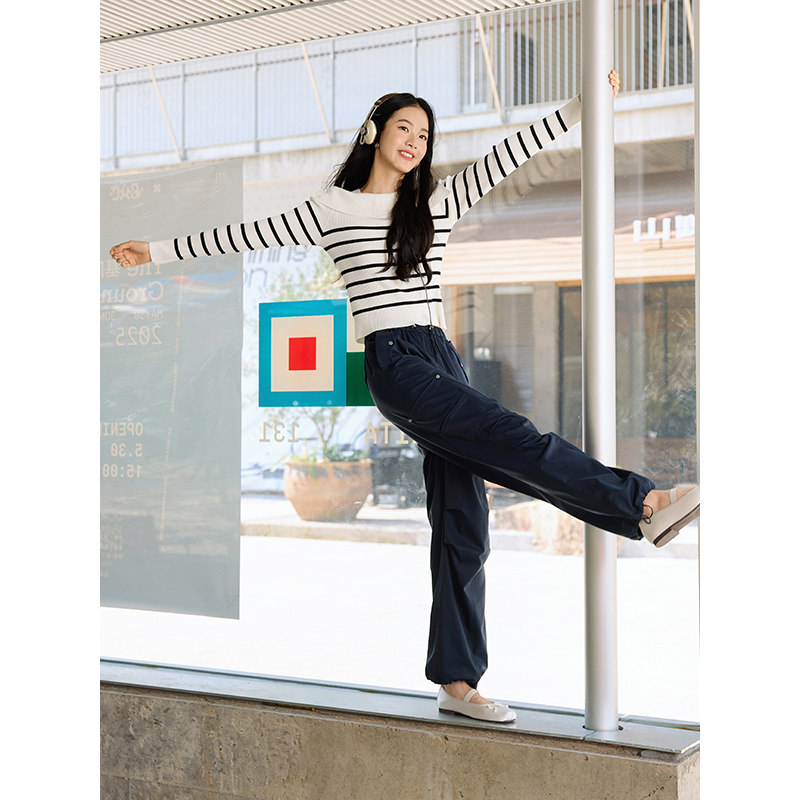 热风女士条纹针织衫2025年秋季新款法式一字肩修身显瘦针织衫上衣,淘宝优惠券,粉丝福利购,淘宝优惠卷