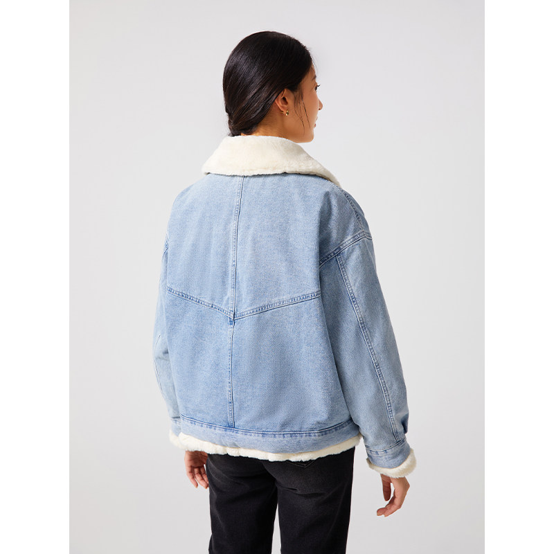 热风2023年冬季新款女士宽松牛仔拼接外套加绒加厚保暖小香风上衣,淘宝优惠券,粉丝福利购,淘宝优惠卷