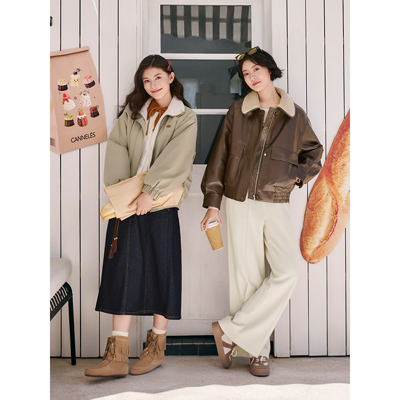 热风女士立领夹克外套仿羊羔毛外套2025年冬季新款宽松休闲上衣,淘宝优惠券,粉丝福利购,淘宝优惠卷