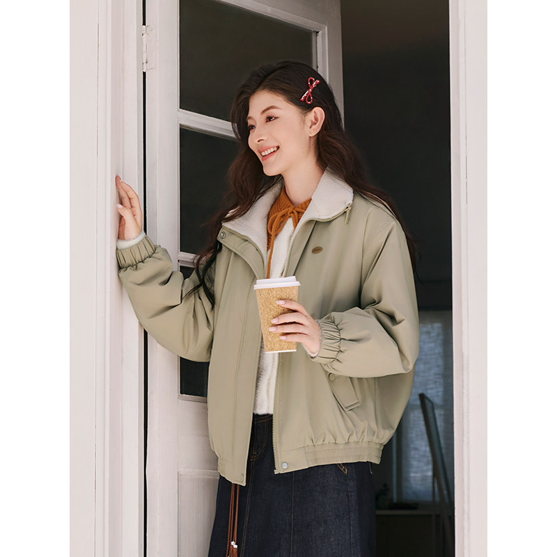 热风女士立领夹克外套仿羊羔毛外套2025年冬季新款宽松休闲上衣,淘宝优惠券,粉丝福利购,淘宝优惠卷