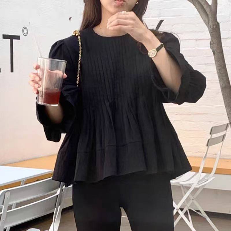 韩国chic圆领风琴褶设计感宽松百搭纯色喇叭袖衬衫女,淘宝优惠券,粉丝福利购,淘宝优惠卷