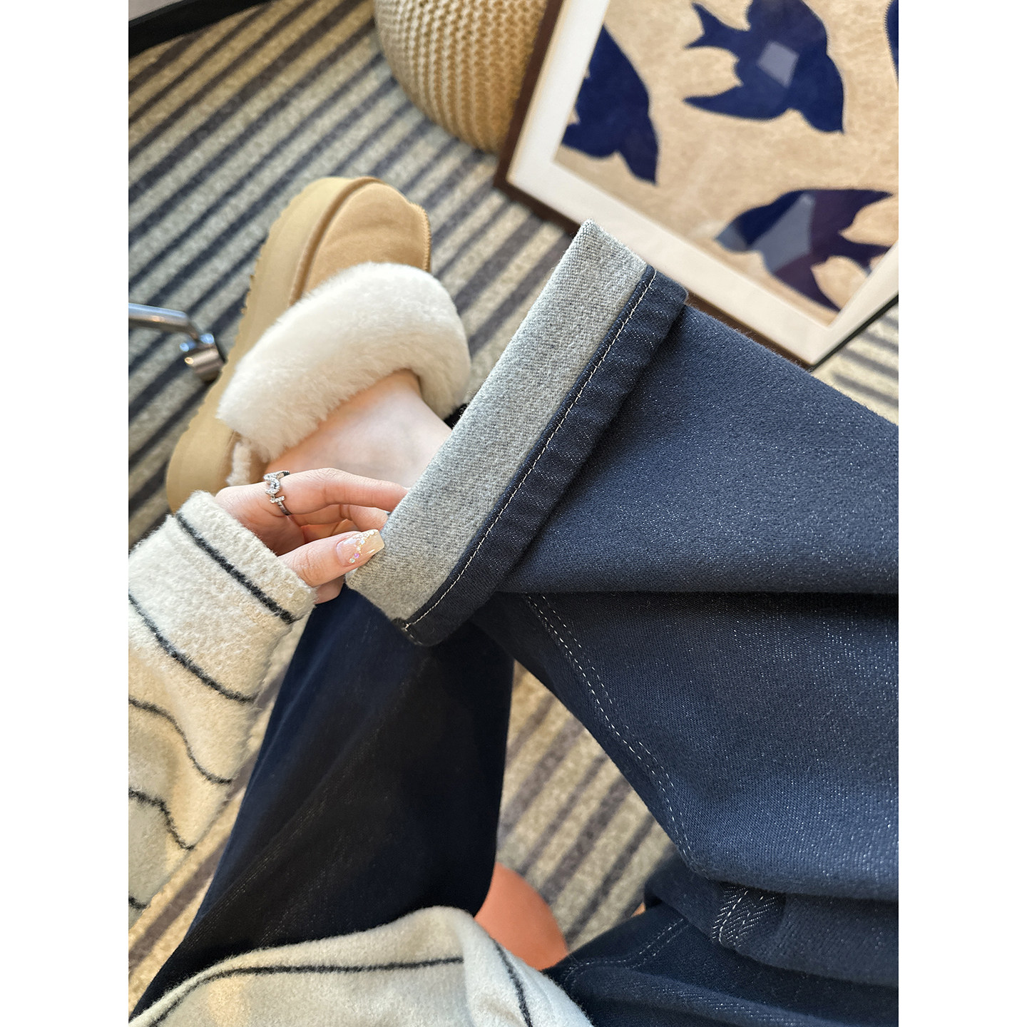 秒变三七分身材！~深色高腰植绒牛仔裤女秋冬新款宽松阔腿拖地裤,淘宝优惠券,粉丝福利购,淘宝优惠卷